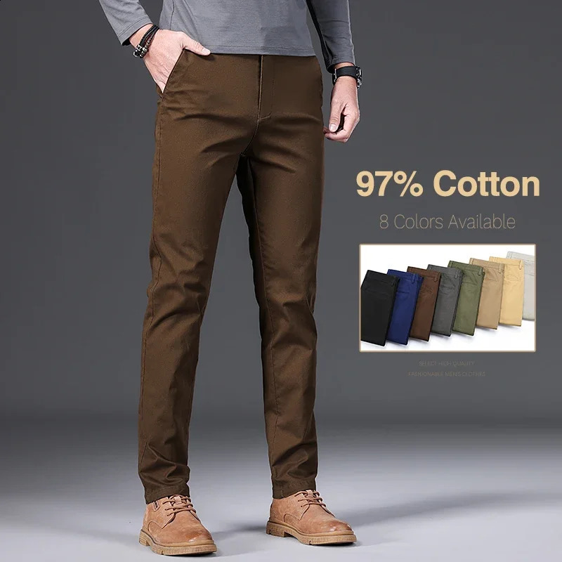 97% Cotton Mens Casual Pants Autumn Fashion Comfortable Elastic Slim Straight Business Trousers Black ArmyGreen Khaki 250317
