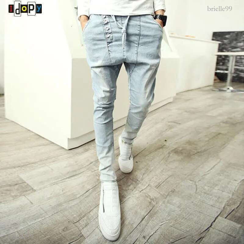 Wholesale- Fashion Men's Harem Pants Hip Hop Baggy Loose Fit Denim Pants Drop Crotch Vintage Washed Retro Trousers For Hipster
