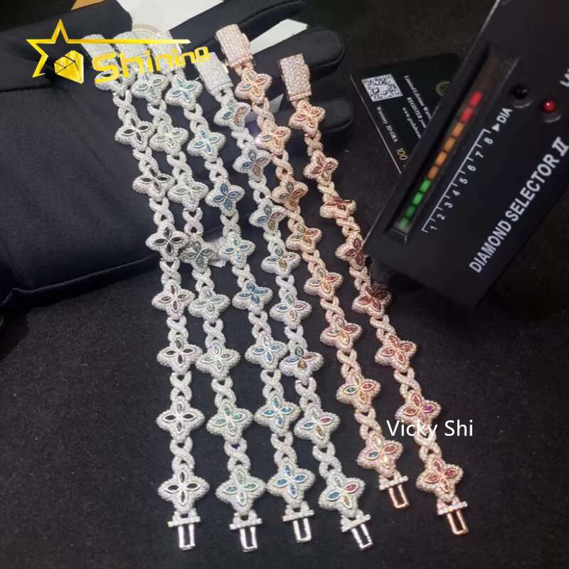 Hot Selling 15MM 925 Sterling Silver Cuban Clover Bracelets Iced Out Hip Hop Infinity Colored Moissanite Cuban Bracelet