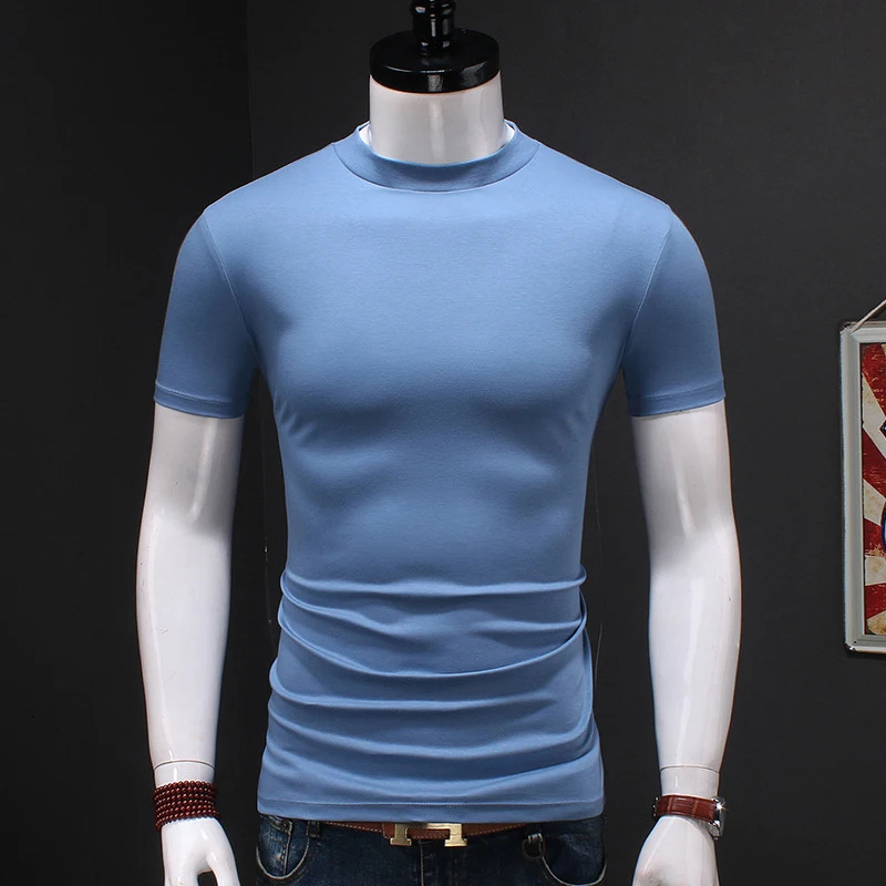 Summer mens turtle neck short sleeved Tshirt dual commodity cotton ultrathin fit fashionable pure black 250327