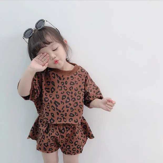 Fashion baby girl set casual summer clothing mother and child leopard print set cotton short sleeved T-shirt childrens setT250327