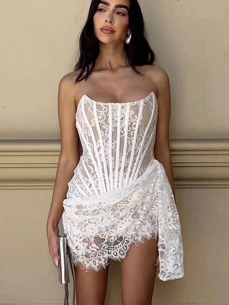 Dongdumaoyi High End Pure Mesh Jurk Hot Girl Wear Tube Top Cinched Taille Figuur Flatterende Kanten Skinny Schede