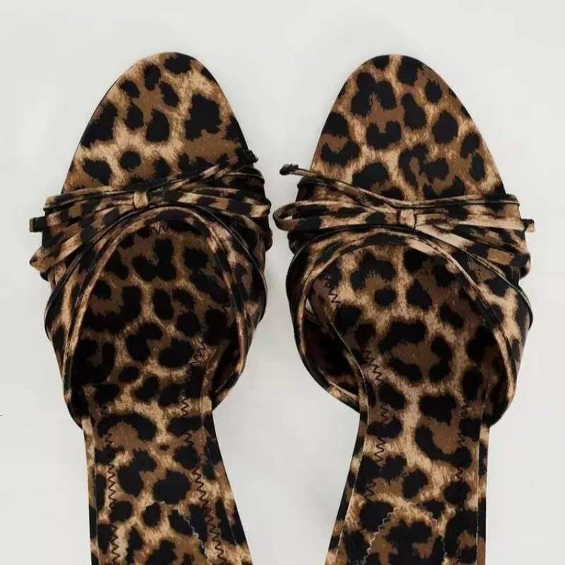 2024 New European and American Quality Shoes Bow Knot Leopard Print High Heel Women Slippers