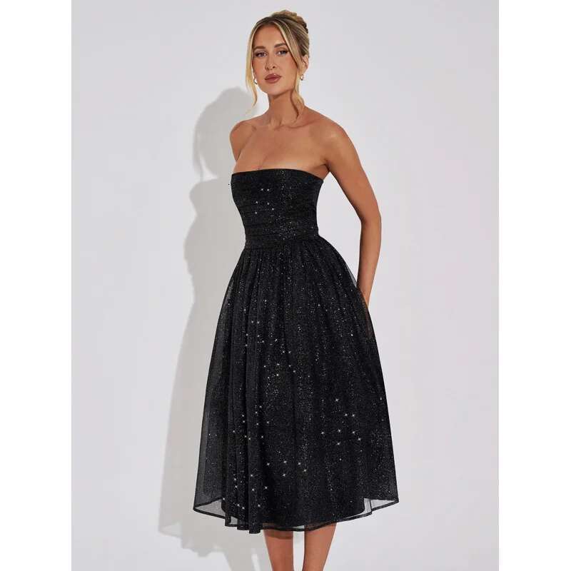 Dongdumaoyi Lente Elegante Zoete Pittige Effen Kleur Sexy Bustier Off Shoulder Pailletten Dubbellaags Damesjurk C