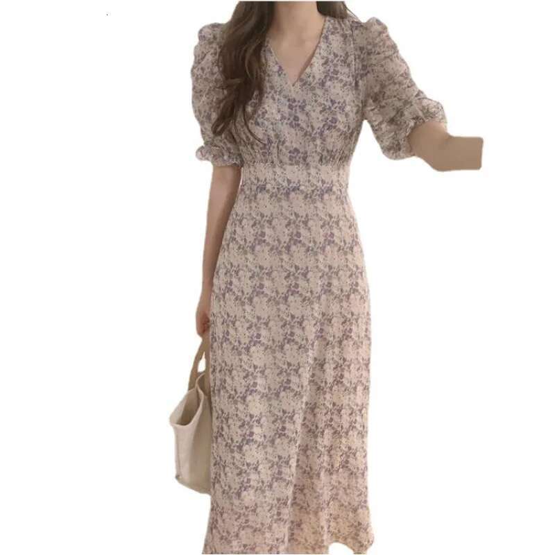 Dongdumaoyi Zomer Nieuwe Taille Knipperende Elegante En Zachte Stijl Hoogwaardige Chiffon Bloemen Midi Vrouwen Mode Jurk A
