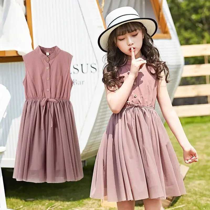 Childrens girls pink shirt dress 2024 new childrens sweet vest lace patchwork teenage girls mesh dress Japanese sled W250326
