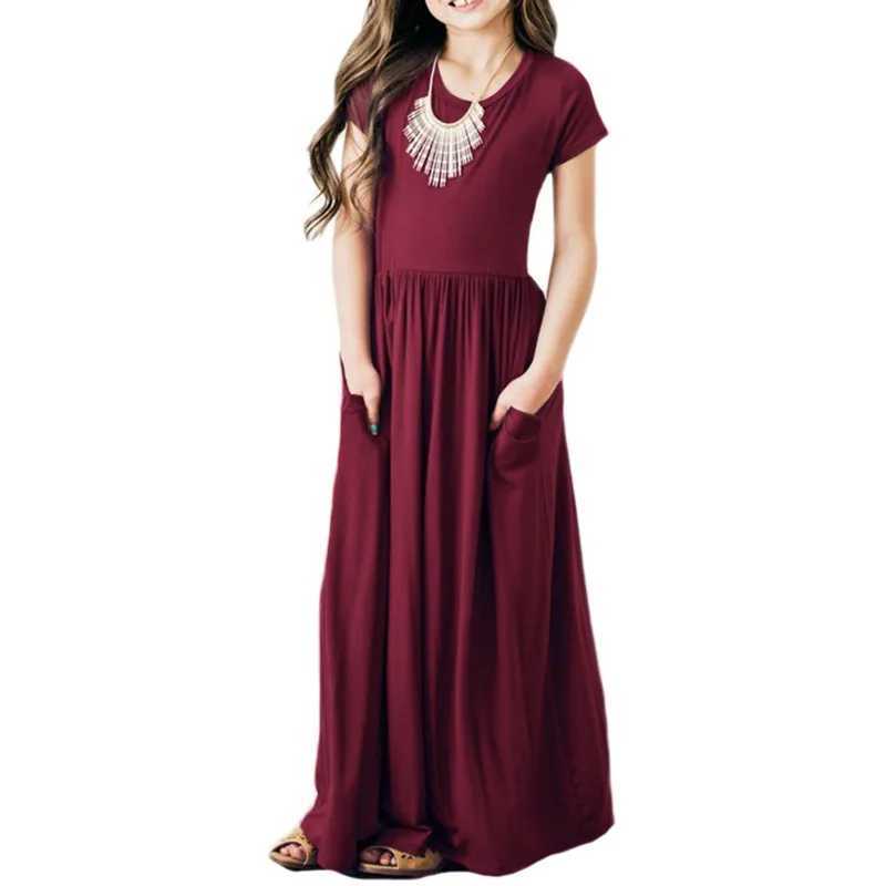 Summer girls new solid color short sleeved long skirt beach Par birthday casual fashion show version A-Line dress W250326