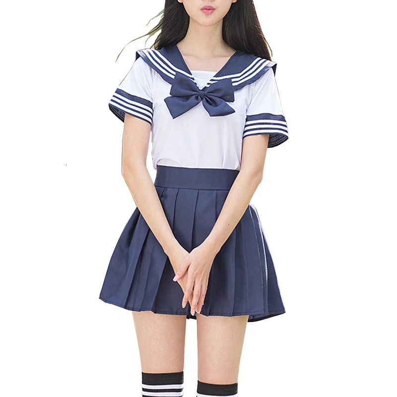 Sailor Set School Uniform JK Girls White Shirt and Deep Blue Tight Student Role Play 250326