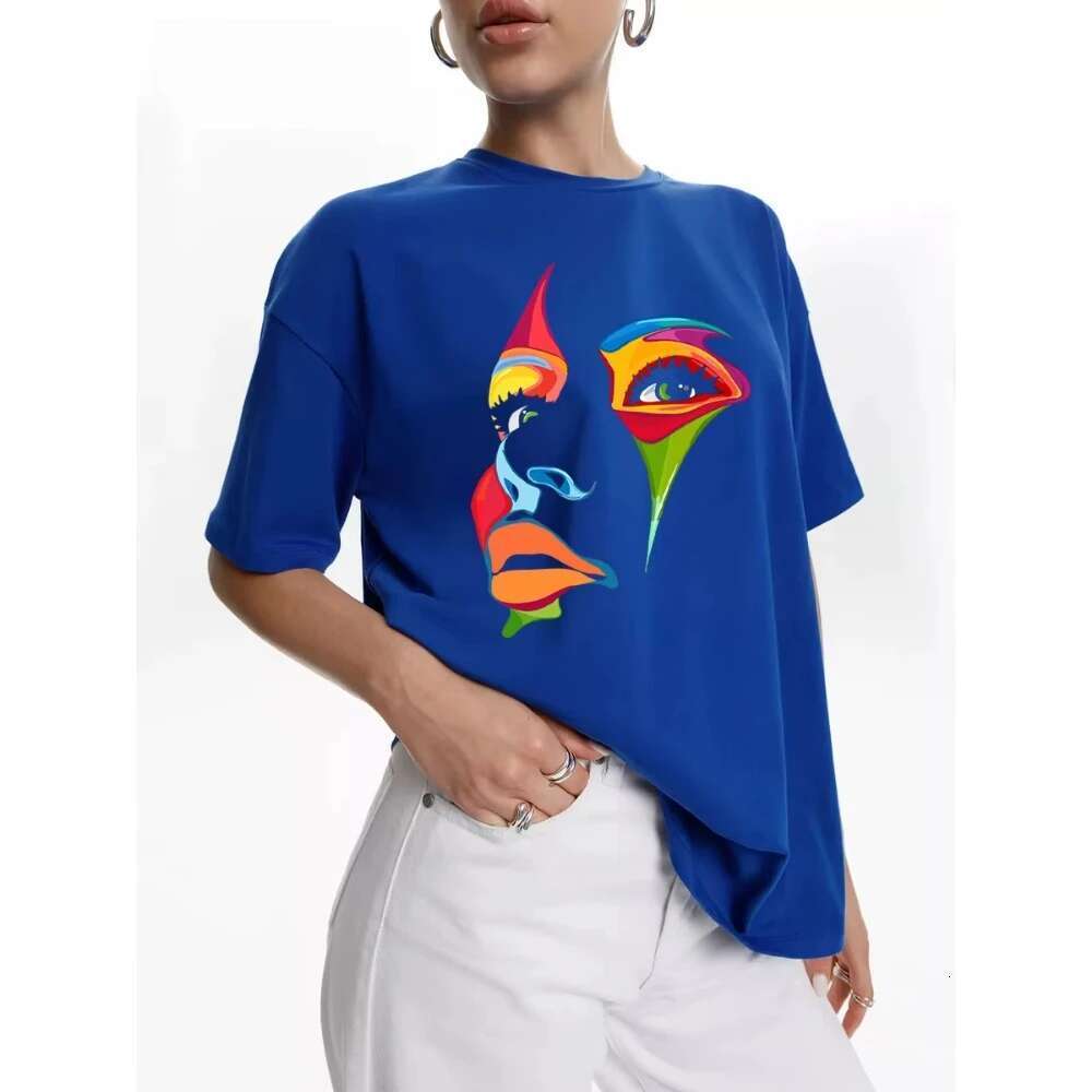 Latest color facial print cotton T-shirt for women's summer loose plus size short sleeved T-shirt for women's high street Gothic top