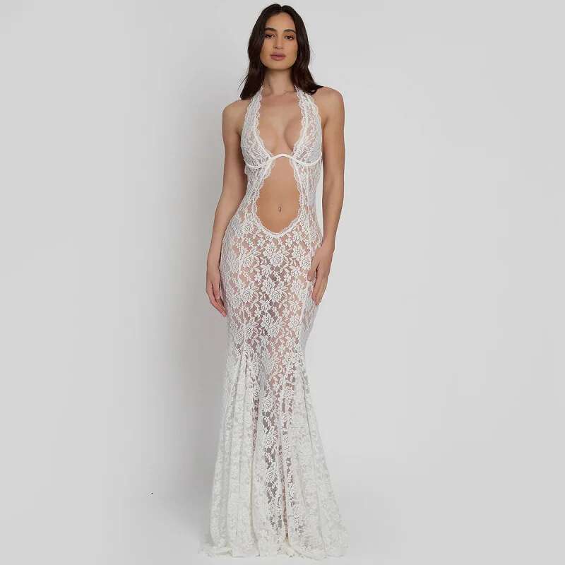 Dongdumaoyi Sexy Lace Cropped See Through Mermaid Dress Hot Girl Halter Sleeveless Long Women Summer High End Feel C