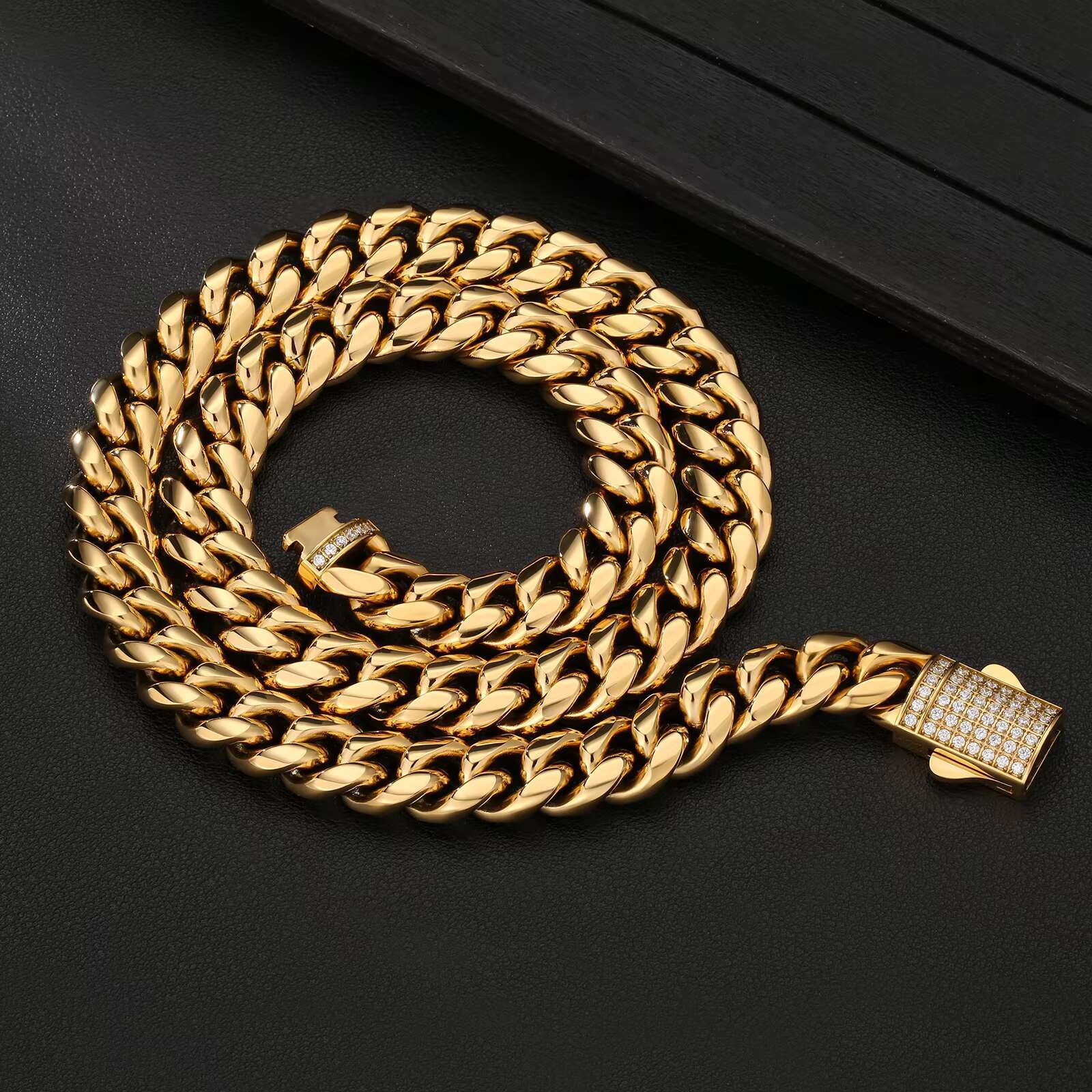 Solid 18K Gold Plated 12mm Miami Italian Cuban Necklace 5A CZ Hip Hop Jewelry Women Stainless Steel Cuban Link Chain Men Alxeyb