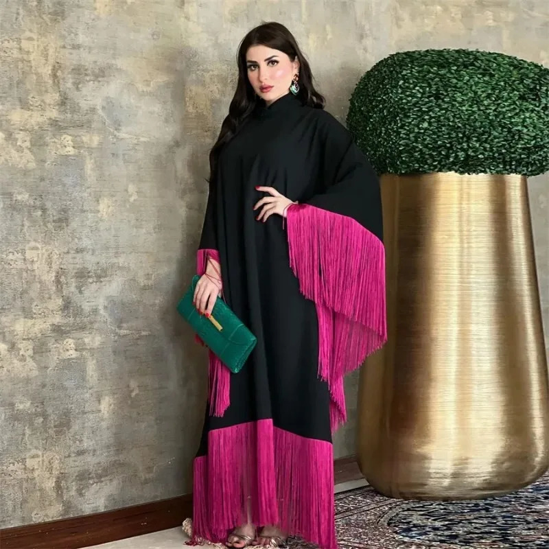 Muslim Fashion Womens Evening Dress Bat Sleeve Tassel Islamic Cafican Abaya Clothing Kimono Dubai Cafe Morocco 250326