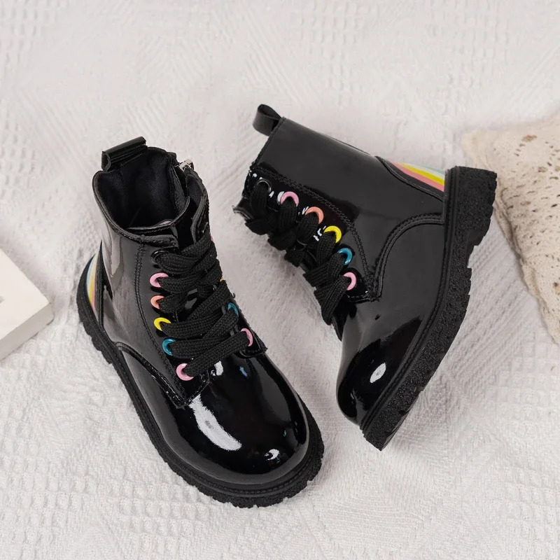 Childrens Fashion Boots for Boys and Girls 2024 AutumnWinter Rainbow Color Rubber Zipper Ankle Black Gloss 250325