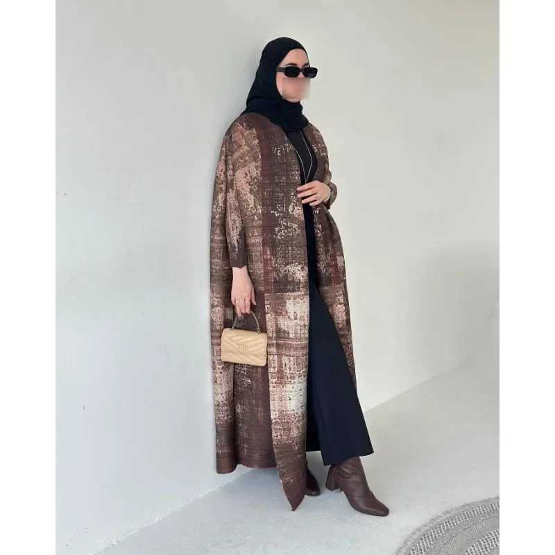 KAF Womens Fashion Abaya Retro Printed Open Knitted Woolen Sweater Design Loose Large Elegant Womens Luxury Robe Spring and Autumn Pattern X250327
