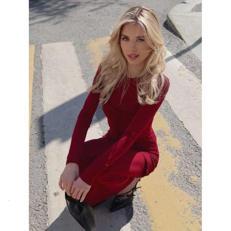 Dongdumaoyi Nieuwe Mode Sexy Slim Fit Ronde Hals Lange Mouwen Jurk Gesmokt Bodycon Effen Kleur C