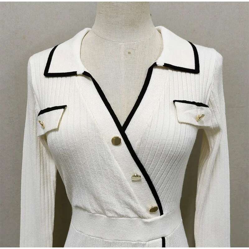 Women's Coat Knitted Women Maxi Dresses Turn-Down Collar Fake Buttons Long Sleeve Slim Dress Front Split Autumn New Fashion Lady Robes