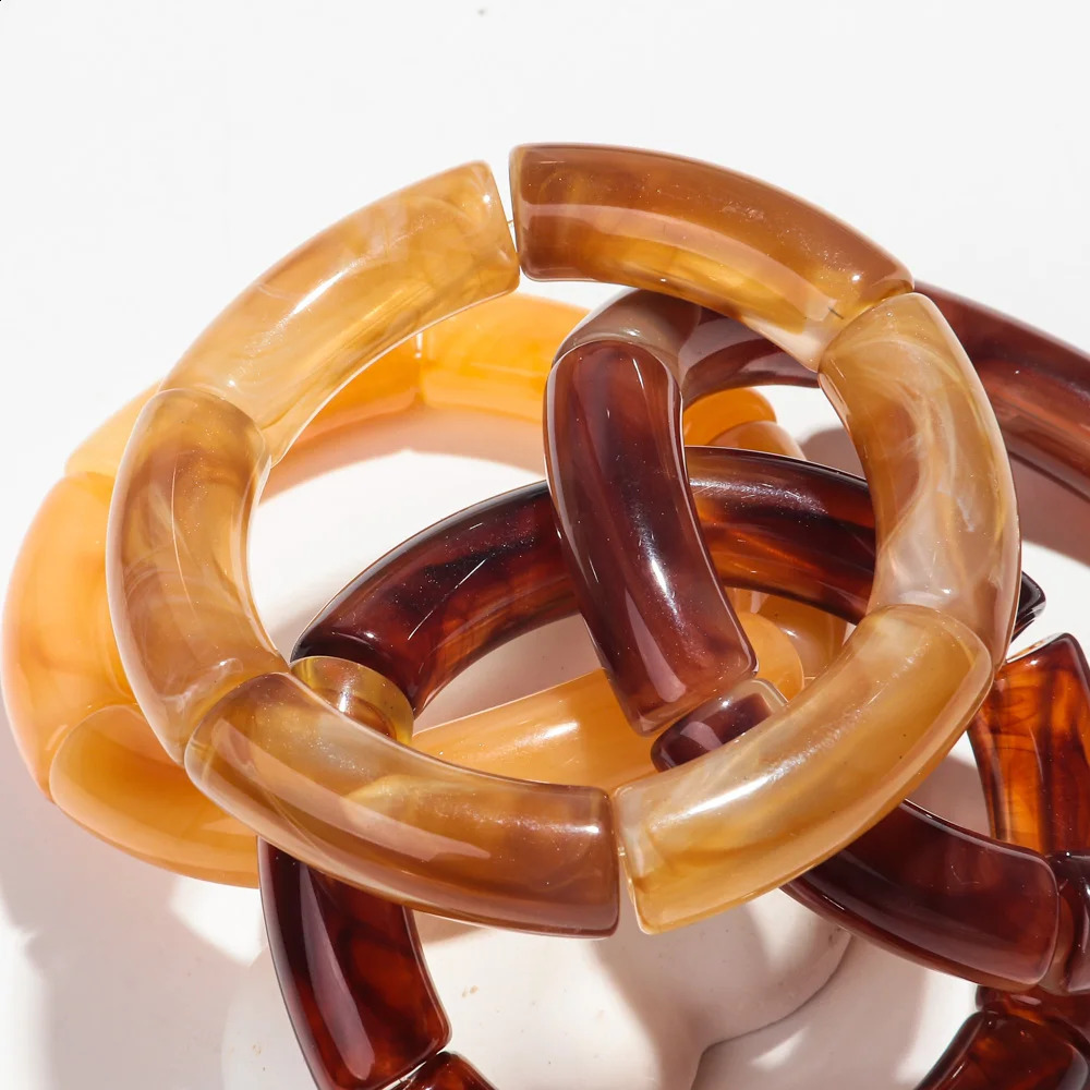 Bamboo Tube Acrylic Stack Elastic Bracelets set for Women Men Vintage 4pcs Chunky Big Elbow Beaded Cuff Bangle Boho Jewelry 250326