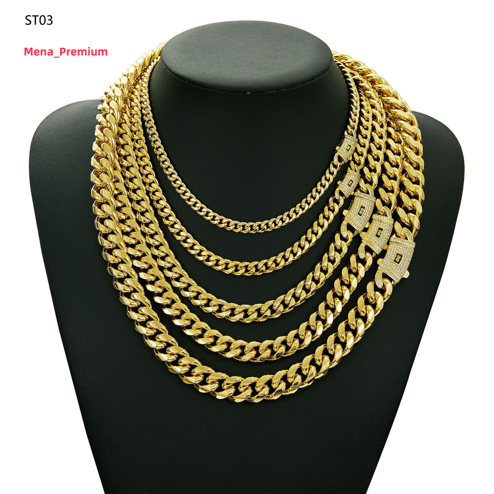 Wholesale 14K 18K Gold PVD Stainless Steel Cuban Link Necklace Men 6mm-10mm Miami Curb Spring Clasp Zircon Pearl Main Stone Gold