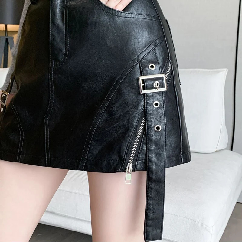 Washed PU leather shorts skiing autumn winter womens clothing fashion double zipper Aline mini street Y2K wide leg 250321