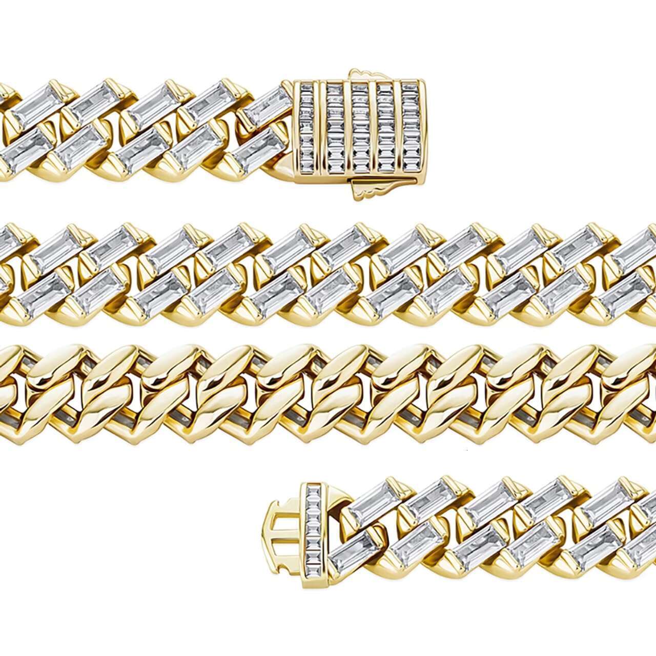 12mm All Baguette Cuban Link Hip Hop Moissanite Necklace White Yellow Gold Bling Chain for Wedding or Gift