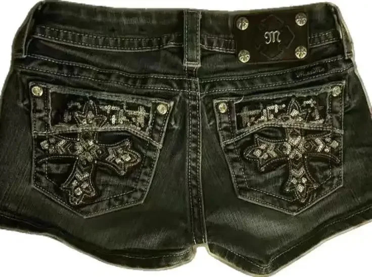 Vintage and Fashion Y2K Cross Pattern Oversized Jeans for Women Gothic High Waist Loose Harajuku Button Shorts 250321