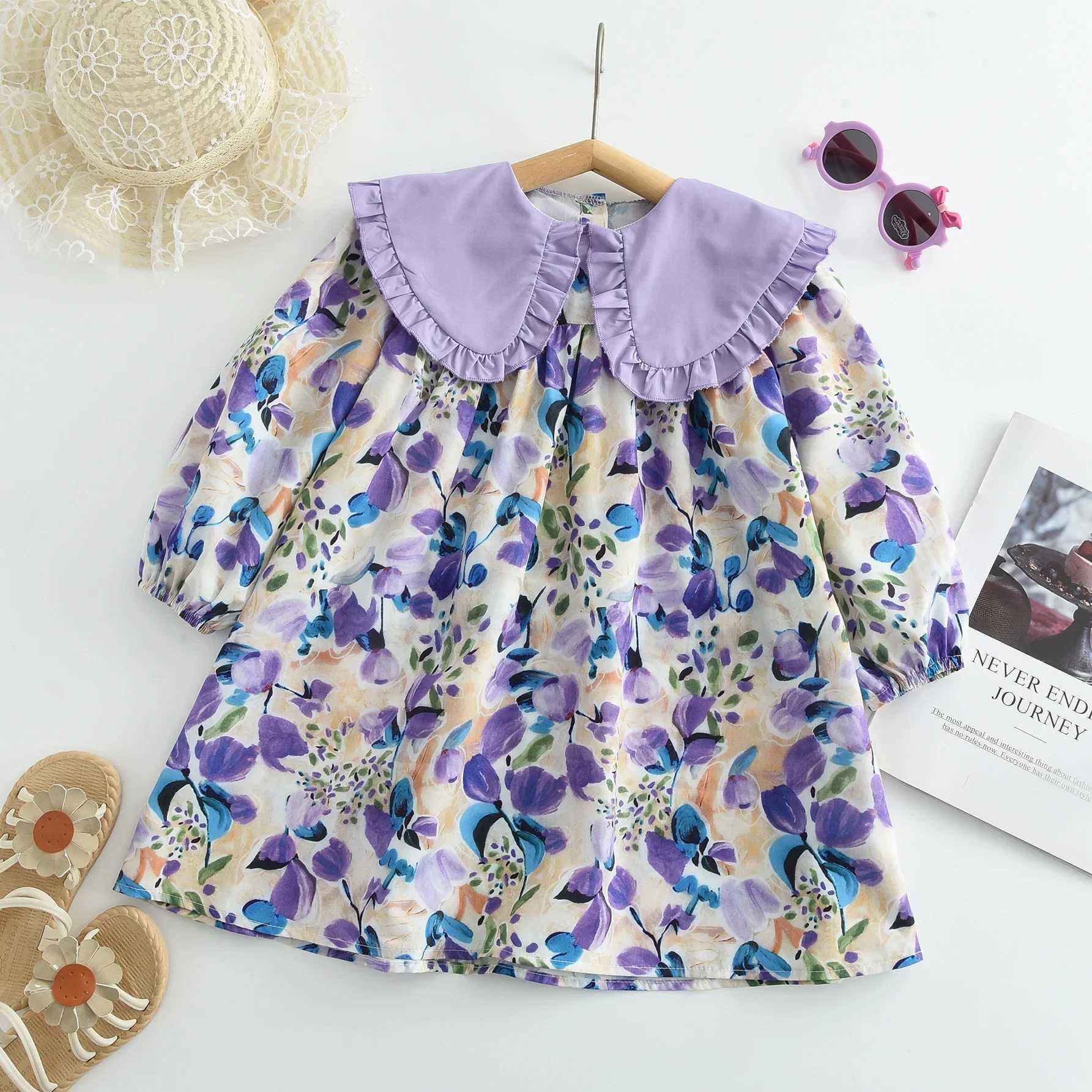 Girls casual dress with purple floral print lace lapel puff sleeves and long sleeved floral Par dress for children aged 2 to 7 W250326