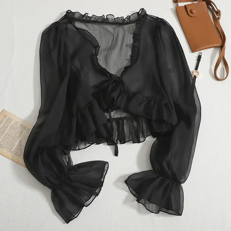 Chiffon Sunshade Shirt Womens Summer Ice Silk Pure Thin Sweet Ruffle Dress Vneck Open Fleece Sweater 250326