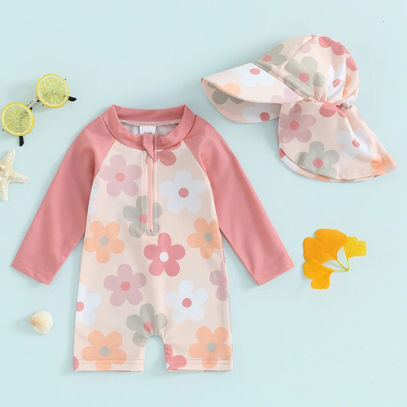 Tregren 0-3Y Toddler Girls Rash Guard Swimsuit with Swim Cap Long Sleeve FloralTropical Tree Print Zip Up Swimwear Bathing Suit 250326