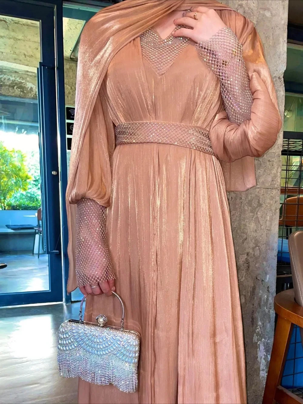 Party dress set of 3 suitable for Muslim Abaya women with scarf long cardigan wool sweater Vestdos belt Dubai Abayas Eid al Fitr Ramadan Jalabia 25032