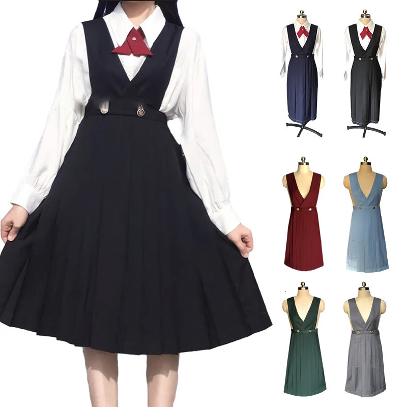 Japanese girl JK high school uniform long pleated student dress summer sleeveless Pinafore level suspended skiing 250326