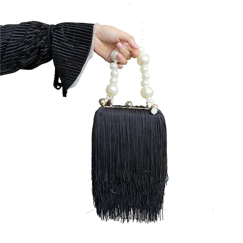 Small Square Female Pearl Chain Handbag Dinner High Quality Long Tassel Clutch Black Evening Bag