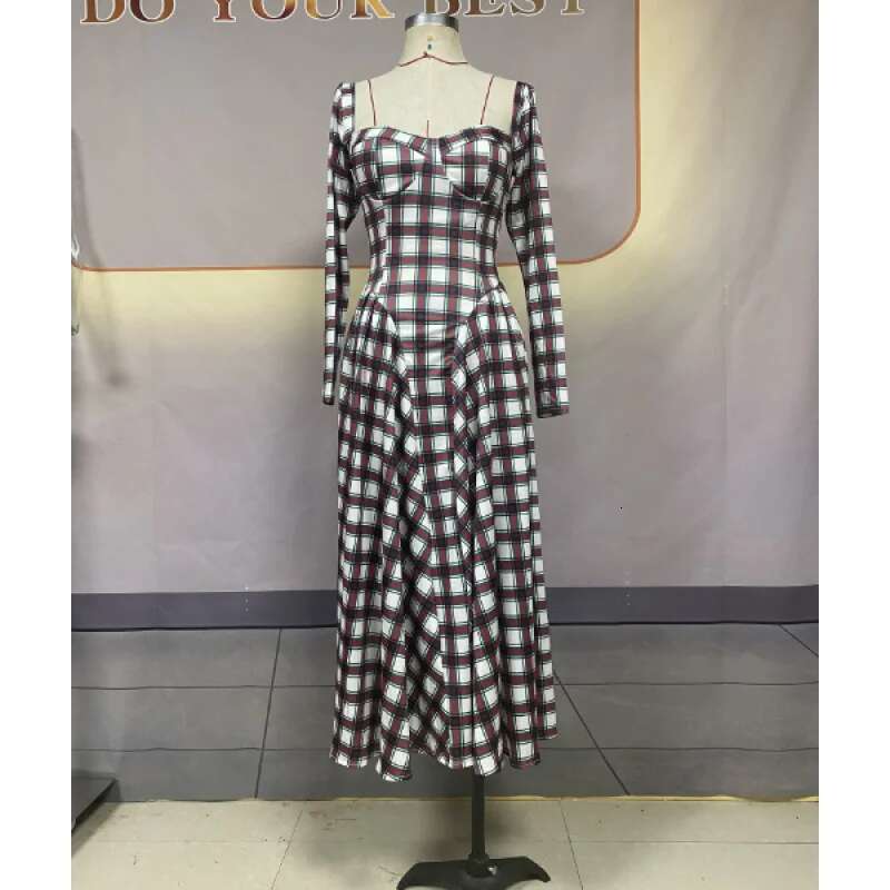 Dongdumaoyi Lente Herfst Nieuwe U Hals Geruite Lange Mouwen Slim Fit Vintage Mode Damesjurk Met Riem