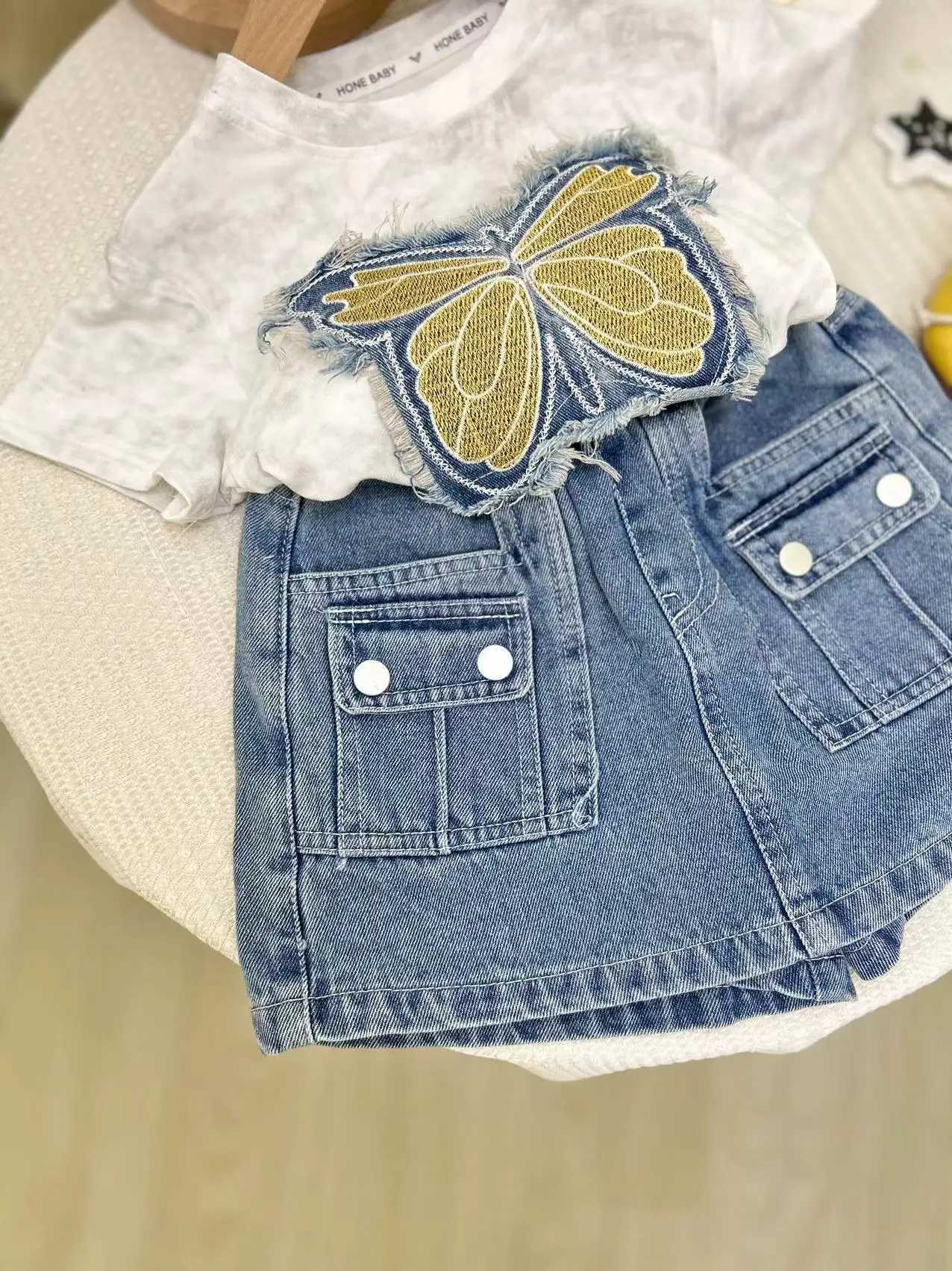 Childrens clothing set butterfly embroidery short sleeved top+denim Culottes baby clothing set girls clothing for 3 to 7 yearsT250327
