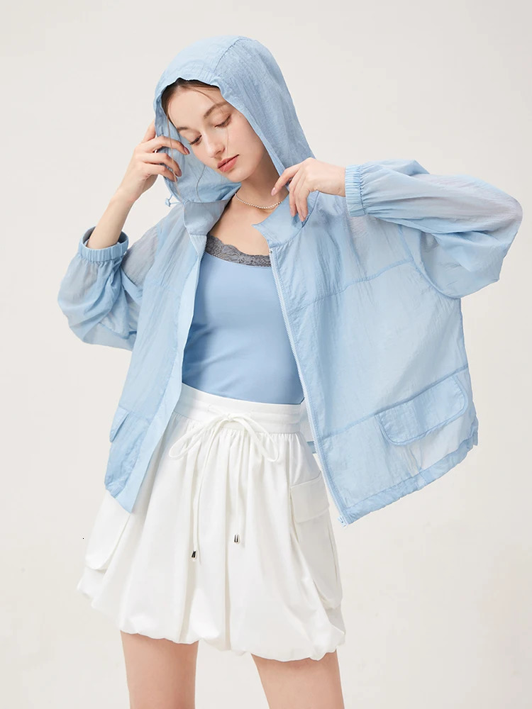 FSLE summer sun protection clothing light blue short sleeved womens hooded jacket thin loose long top 24FS12958 250326