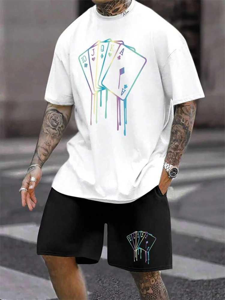 2024 Mens New Poker Printing Short-Sleeve Shorts Set Summer Casual All-Match Round Neck T-Shirt Top Large Size Drawstring ShortsXJ250326