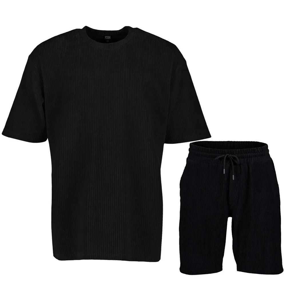 2024 Mens Summer Sports and Leisure Solid Color Stripe Set Loose Crew Neck Short Sleeve Drawstring Shorts Two Piece SetXJ250326