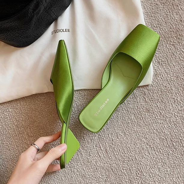 designer shoes 2025 French square-toe shallow-mouth silk satin triangular heel high-end mule sandals for women in summer