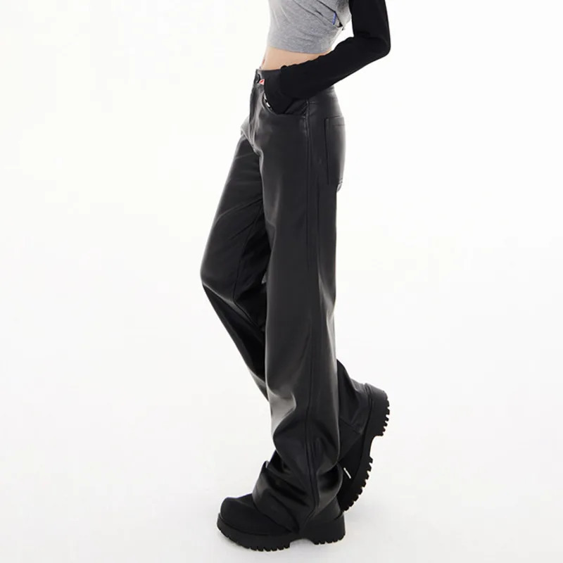 Black artificial Lether Pants loose straight length Pu leather pants high waisted Trouser streetwear for runners 250321