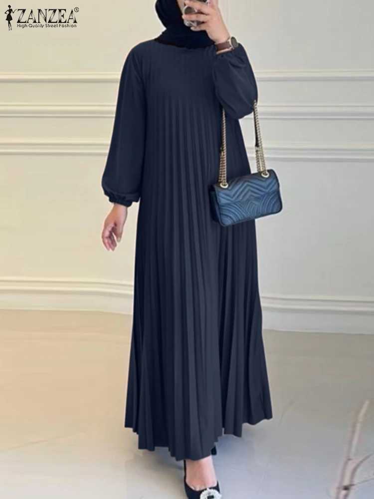 ZANZEA Islamic Hijab Women Abaya Robe Elegant Muslim Fashion O Neck Solid Pleated Dress Spring 2025 Casual Loose A-line Vestidos X2505141