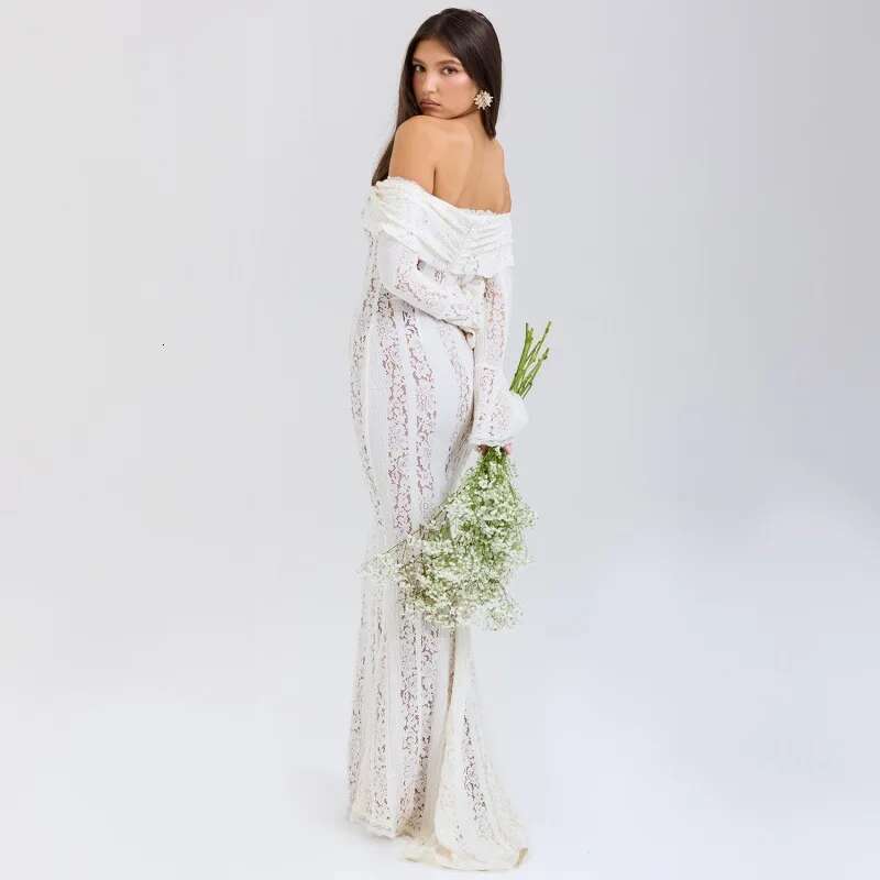 Dongdumaoyi Lange Bodycon Jurk Met N Schouder Uitlopende Mouwen Van Een Zachte En Elegante Strapless Taille Kalkende Trein C
