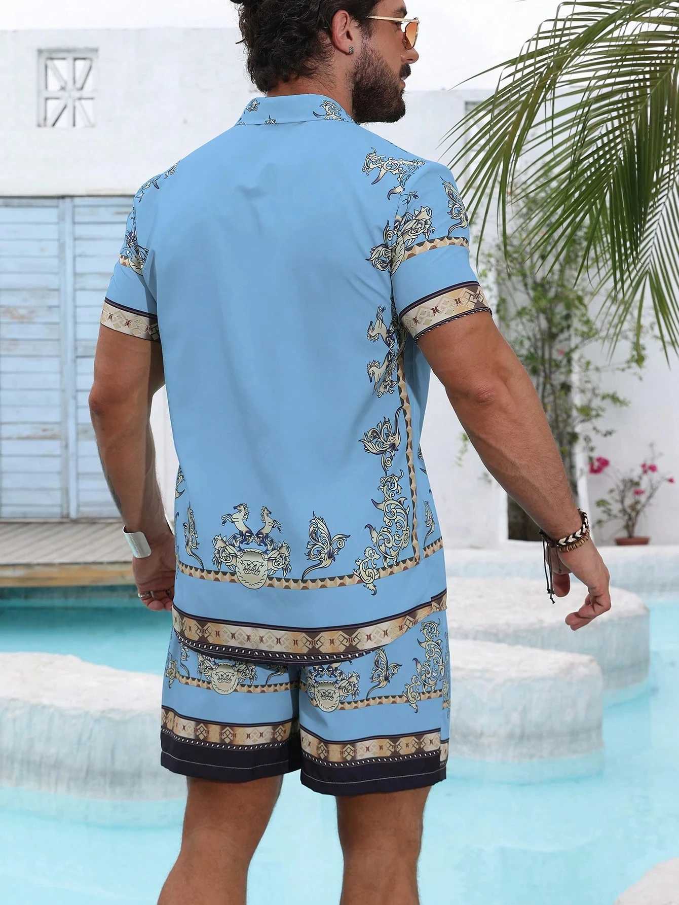Baroque luxury printed mens shirt shorts 2-piece set summer casual shirt Hawaiian beach short sleeved mens setXJ250326