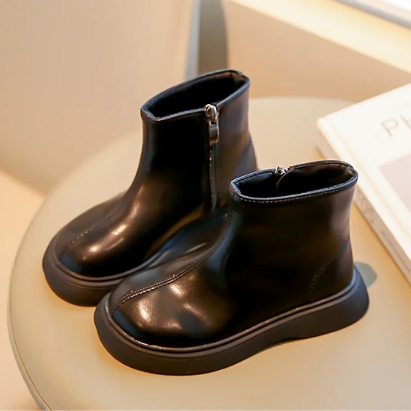 Autumn Winter Childrens Boots Fashion Simple Style Girls Ankle Boot Causal Versatile Black Kid Short Leather Boots Side Zipper 250326