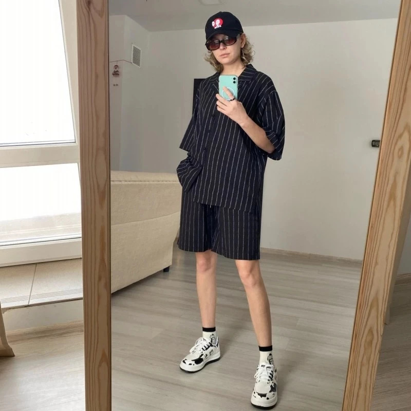 Korean mens track and field jacket shorts 2piece set summer striped sportswear ultrafine clothing lightweight 5XL 250326