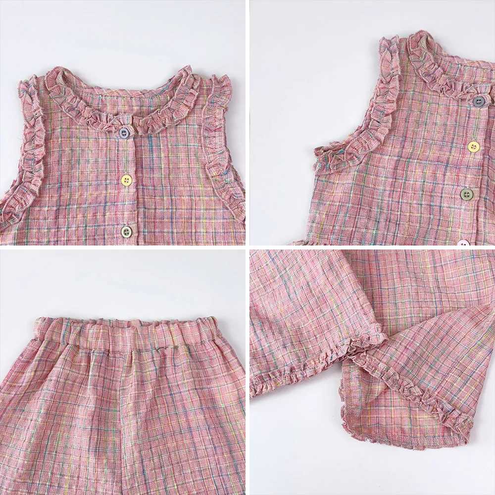 Pink girl summer two-piece set single chest sleeveless top and casual pants new childrens set childrens clothingT250327