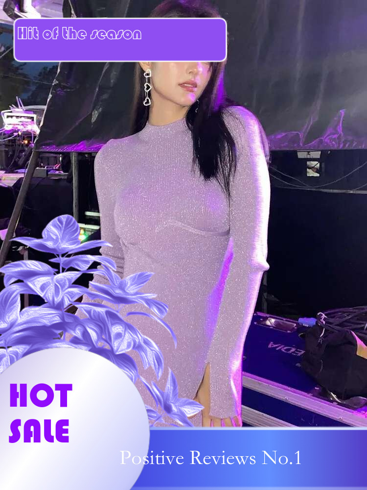 Dongdumaoyi Nieuwe Effen Kleur Mode Heldere Zijde Lange Mouw Sexy Halter Slanke Street Style Jurk C