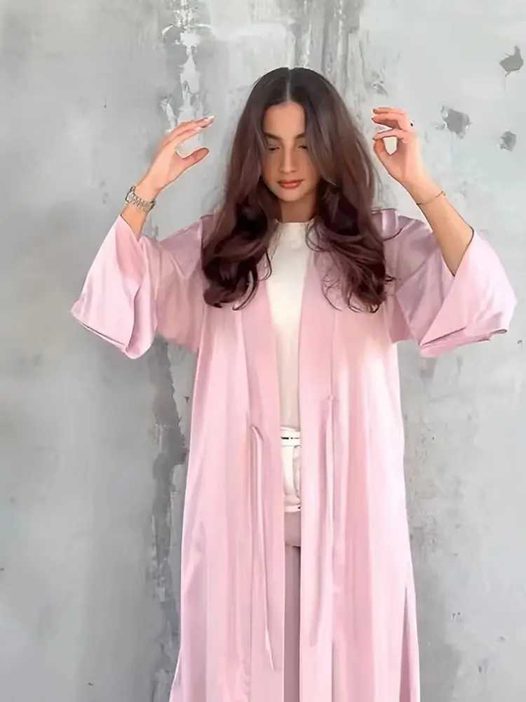 Girl Muslim Palestine Kaftan Dress Open Satin Kimono Abaya Women Dubai Clothing Ka Robe Caftan Marocain Femme Musulmane X2505141