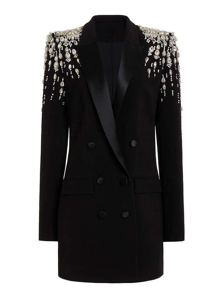 HIGH STREET Newest 2024 Designer Jacket Women's Double Breasted Rhie Dias Beaded Long Blazer Dress