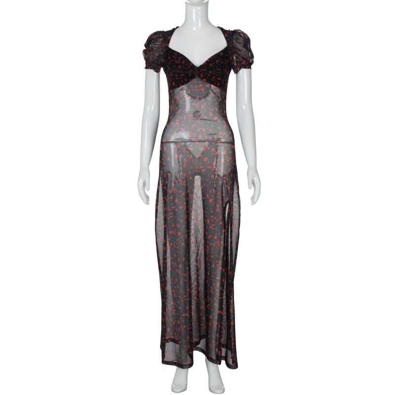 Dongdumaoyi Lente Nieuwe Mode Bloemen Bladerdeeg Mouw Sexy Slit V Hals Mesh Zoom Jurk C