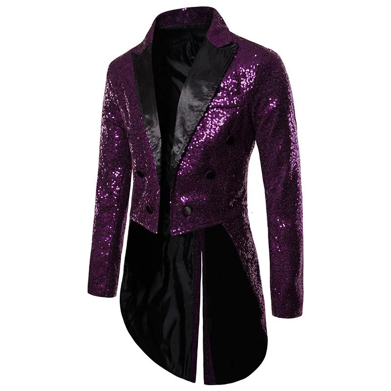 Wxw4131 sequin jacket mens long open collar kimono loose tailcoat asymmetric button party 250326