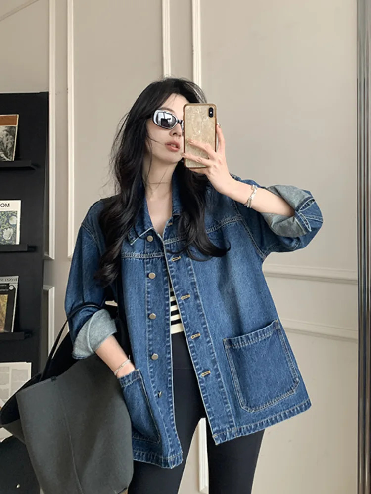 Simple casual loose denim jacket for women with large pockets retro collar long sleeves fully matched Coats chic 250326